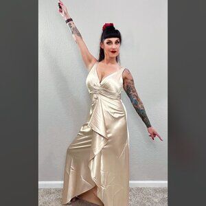 90s Champagne Satin Retro 70s Disco Dress Bodycon